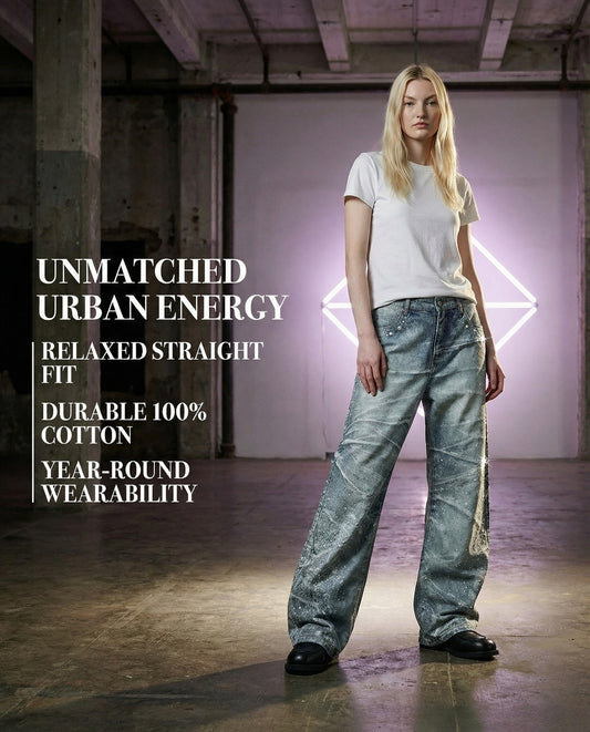 Elevate your street style sense with our premium curved rhinestone jeans.