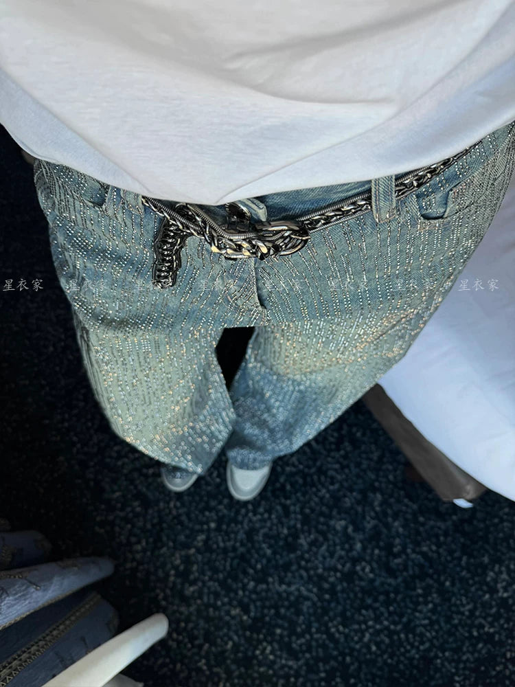 Gradient Rhinestone Wide Leg Pants for Men & Women | Sparkly Blinged-Out Polyester Trousers with Slimming Fit