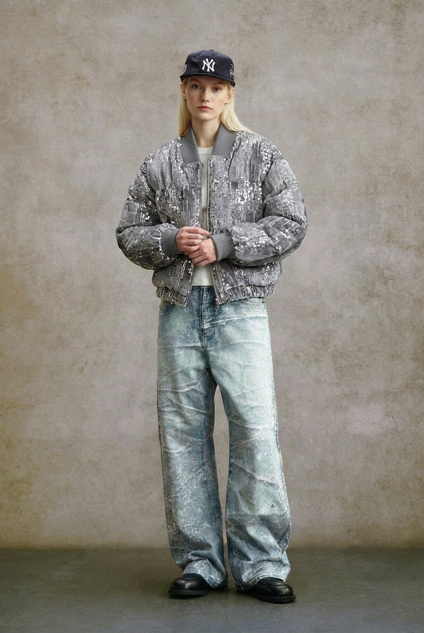 Elevate your street style sense with our premium curved rhinestone jeans.