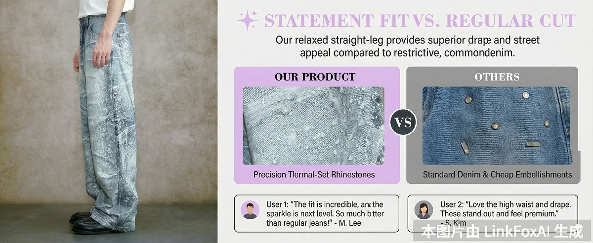 Elevate your street style sense with our premium curved rhinestone jeans.