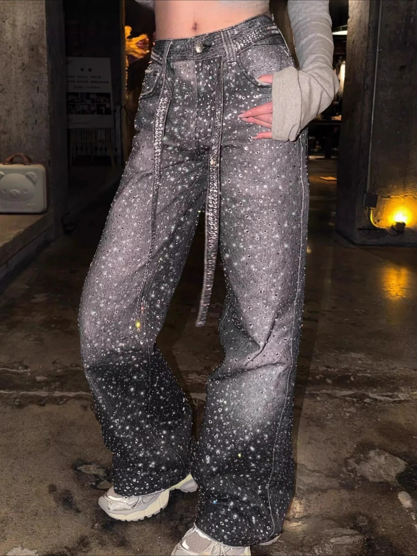 Primary Title: "Gradient Rhinestone Wide Leg Pants | Sparkly Ombre Trousers for Women & Men"