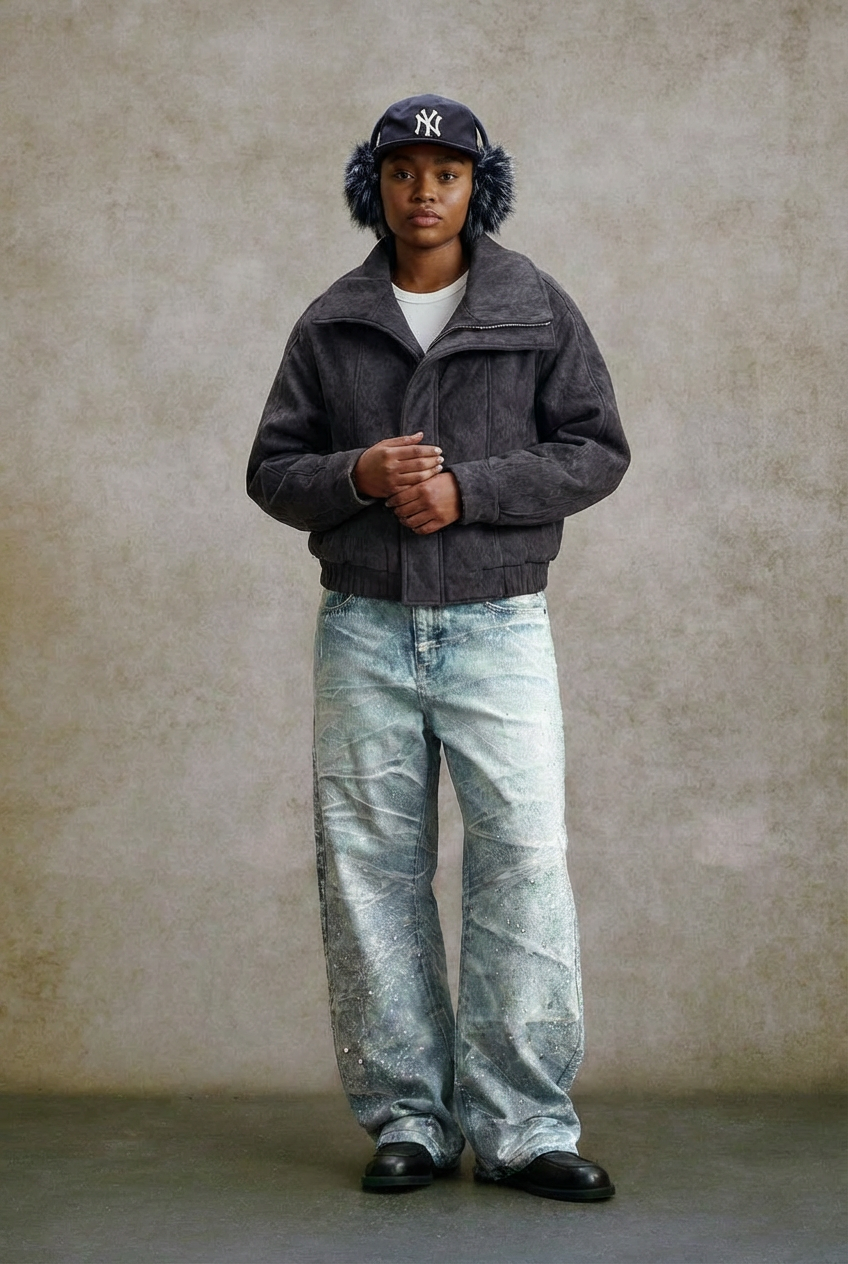 Elevate your street style sense with our premium curved rhinestone jeans.