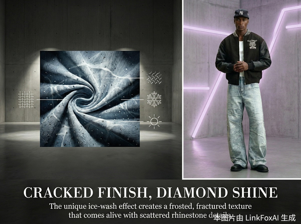 Elevate your street style sense with our premium curved rhinestone jeans.