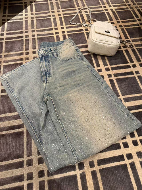 Rhinestone Application Loose Jeans Casual Soft Denim Pants Wide Leg Streetwear Trendy Bottoms Stylish Pocket