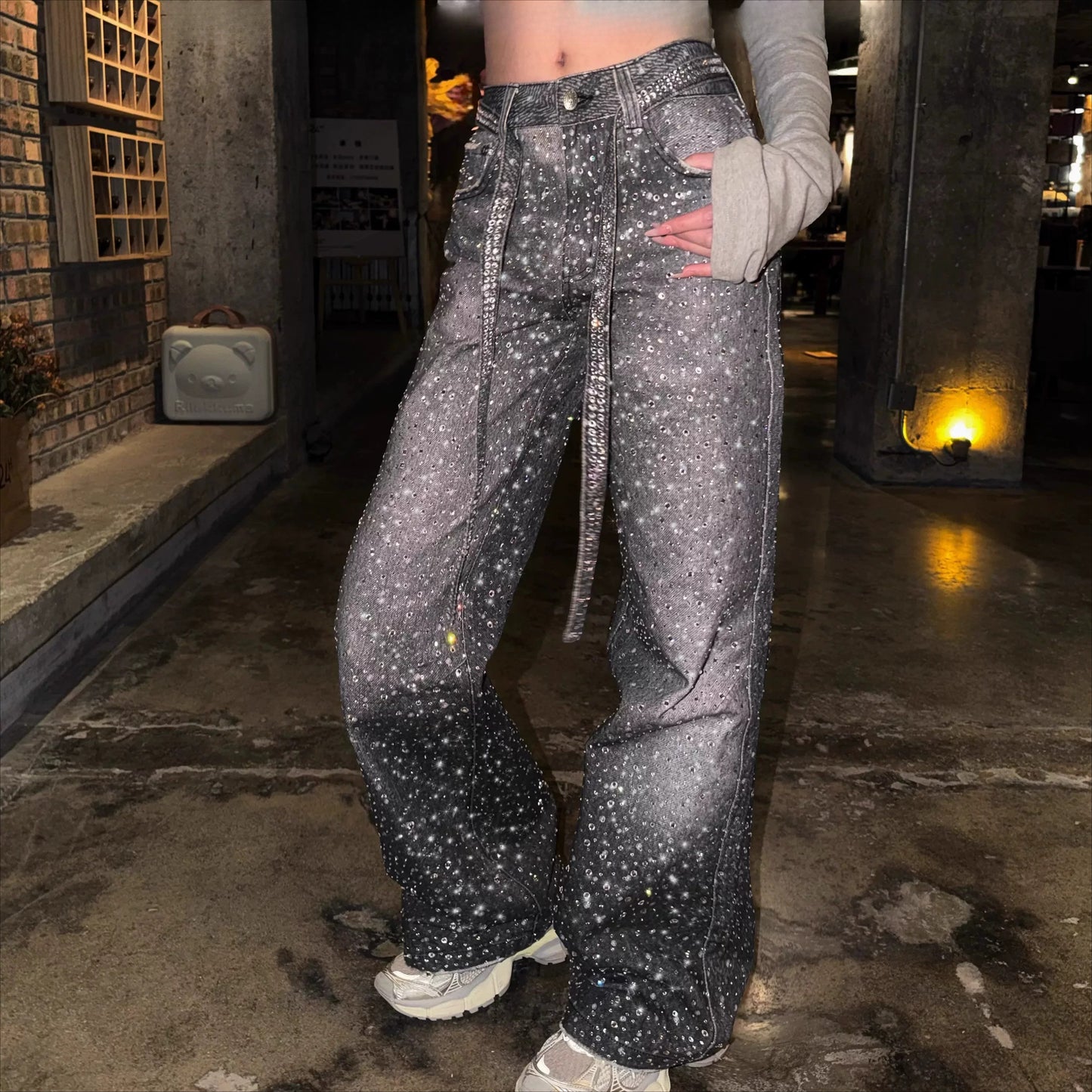 Primary Title: "Gradient Rhinestone Wide Leg Pants | Sparkly Ombre Trousers for Women & Men"