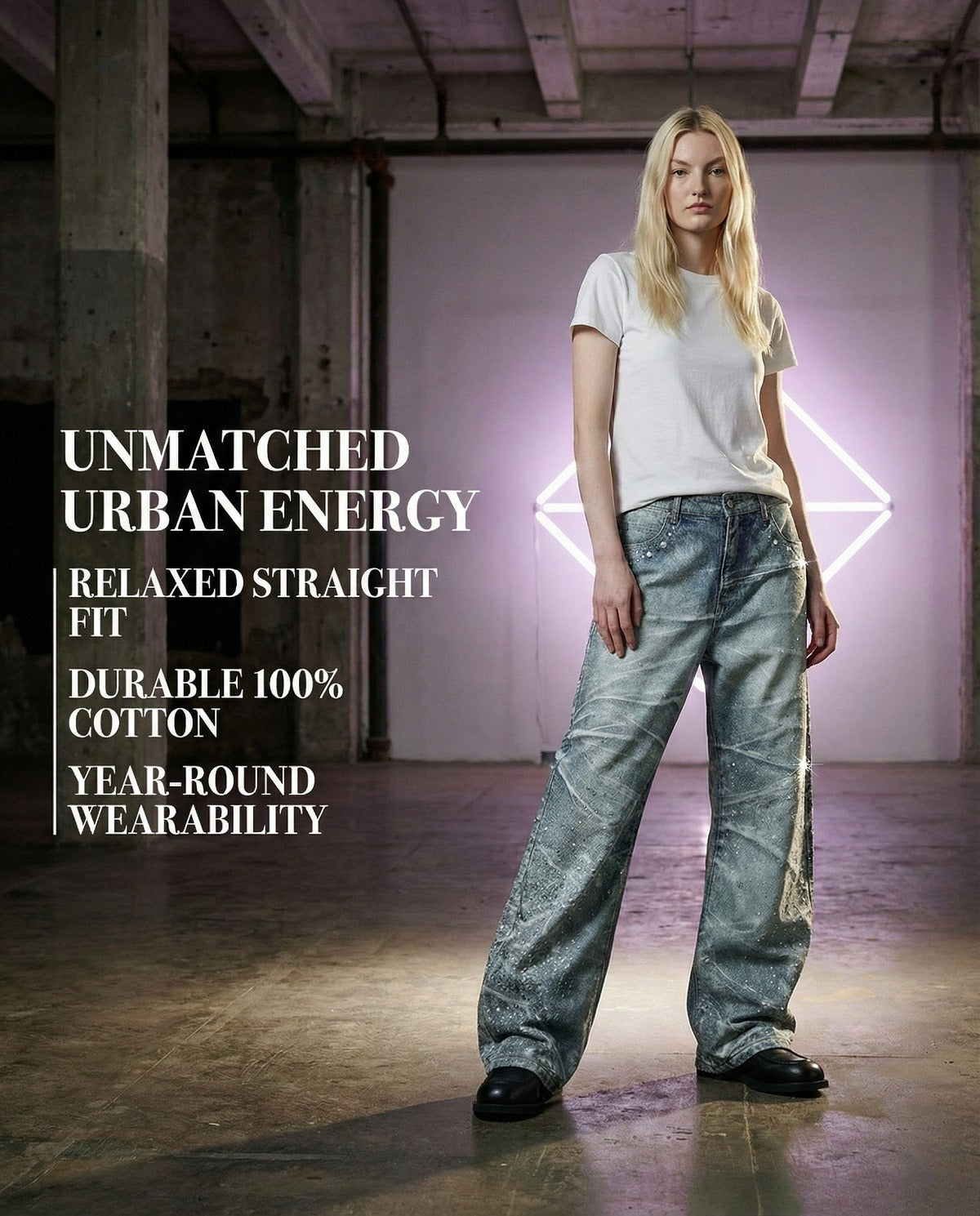 Elevate your street style sense with our premium curved rhinestone jeans.