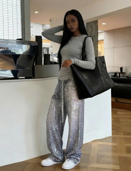 Primary Title: "Gradient Rhinestone Wide Leg Pants | Sparkly Ombre Trousers for Women & Men"