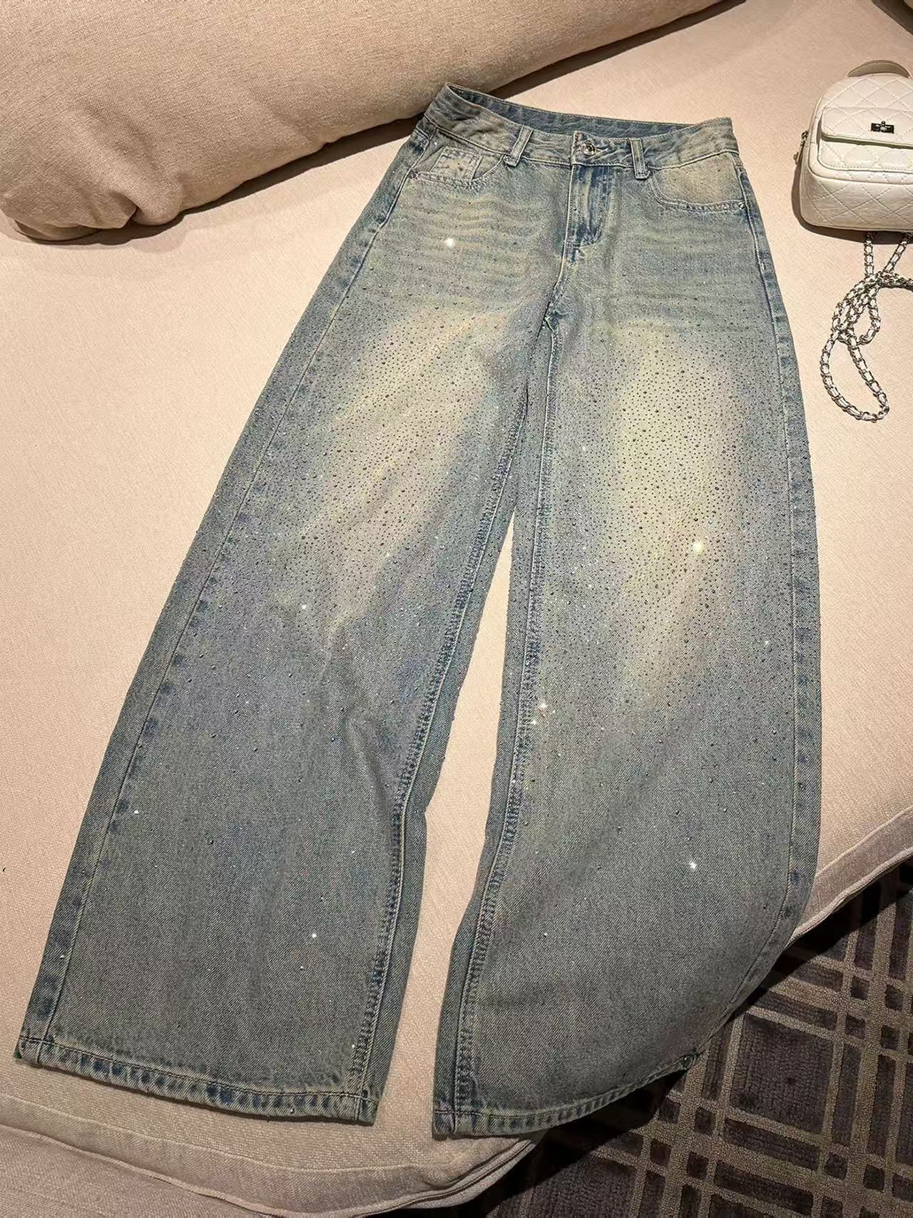 Rhinestone Application Loose Jeans Casual Soft Denim Pants Wide Leg Streetwear Trendy Bottoms Stylish Pocket