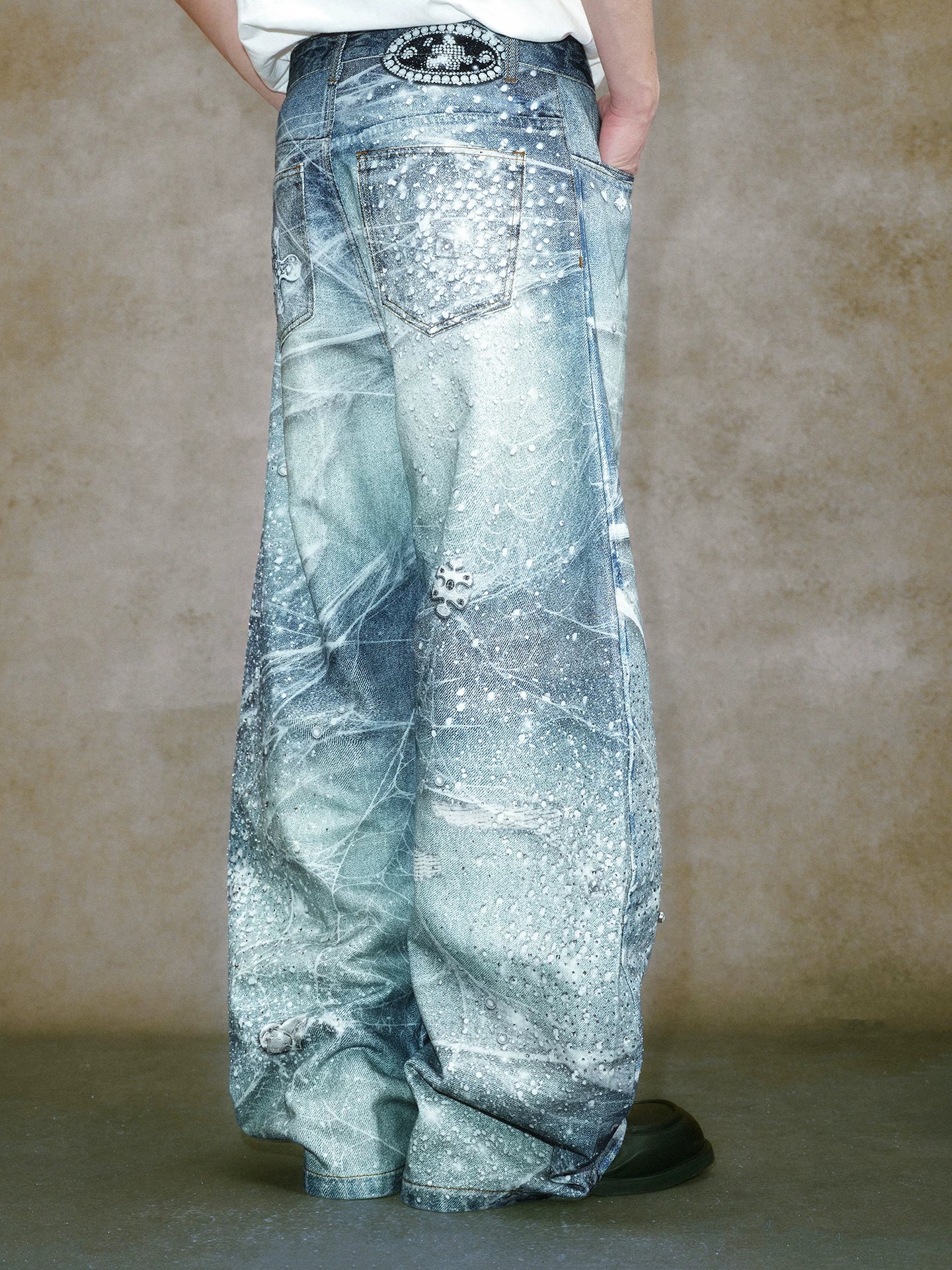 Elevate your street style sense with our premium curved rhinestone jeans.