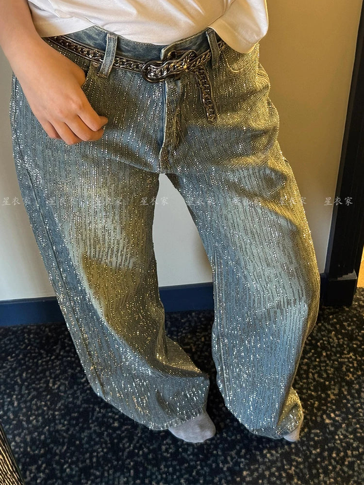 Gradient Rhinestone Wide Leg Pants for Men & Women | Sparkly Blinged-Out Polyester Trousers with Slimming Fit