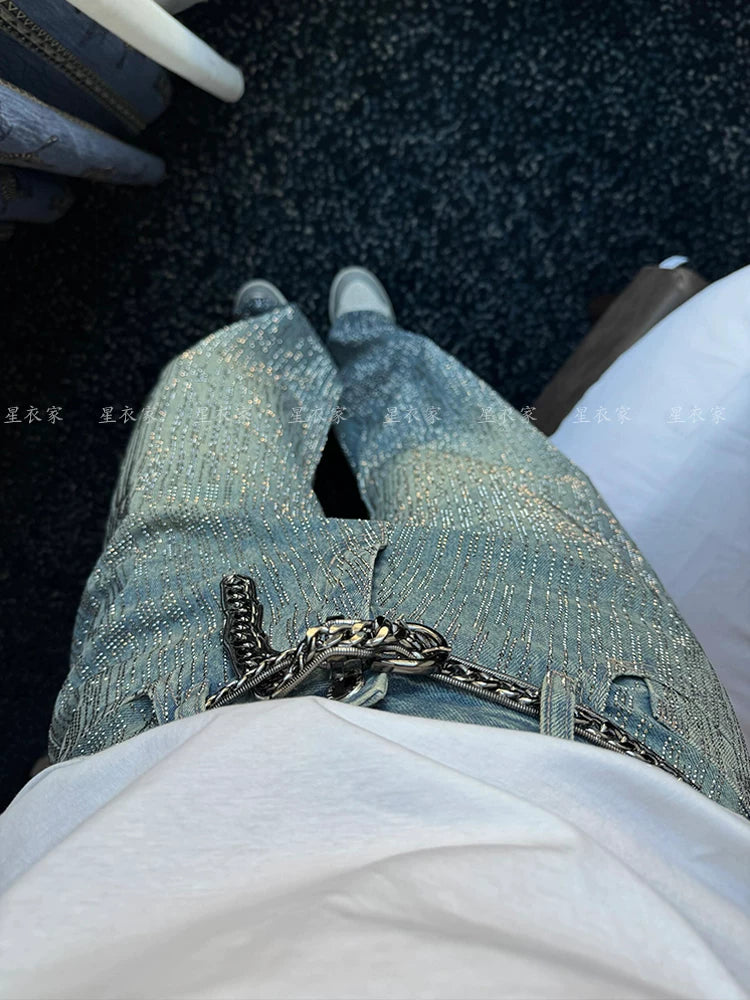 Gradient Rhinestone Wide Leg Pants for Men & Women | Sparkly Blinged-Out Polyester Trousers with Slimming Fit