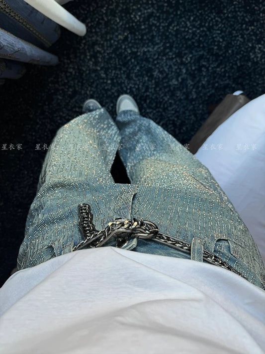 Gradient Rhinestone Wide Leg Pants for Men & Women | Sparkly Blinged-Out Polyester Trousers with Slimming Fit