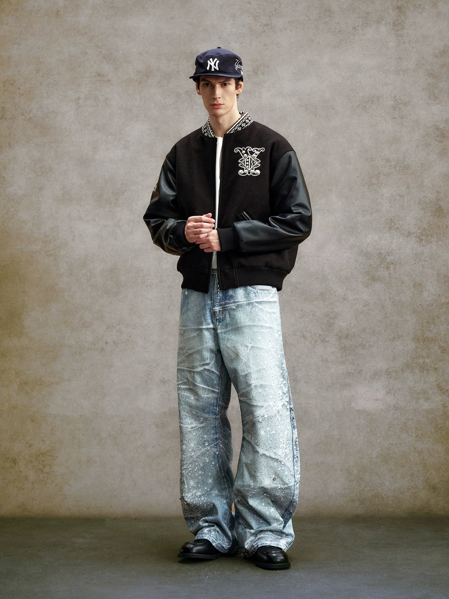 Elevate your street style sense with our premium curved rhinestone jeans.