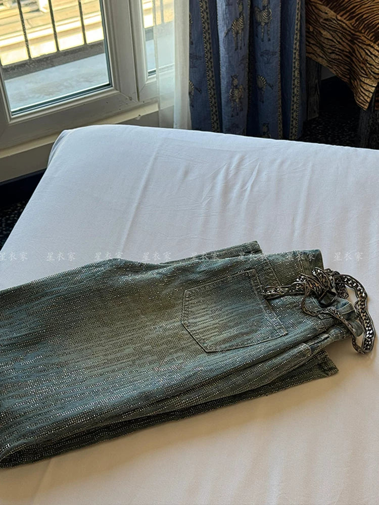 Gradient Rhinestone Wide Leg Pants for Men & Women | Sparkly Blinged-Out Polyester Trousers with Slimming Fit