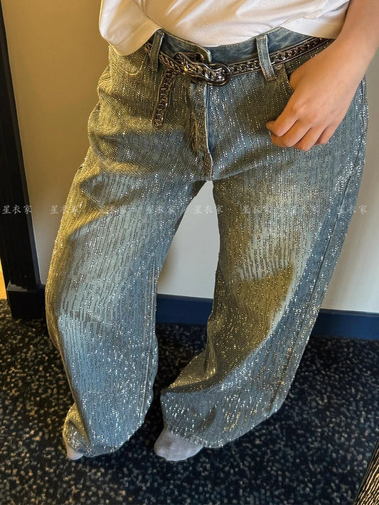 Gradient Rhinestone Wide Leg Pants for Men & Women | Sparkly Blinged-Out Polyester Trousers with Slimming Fit