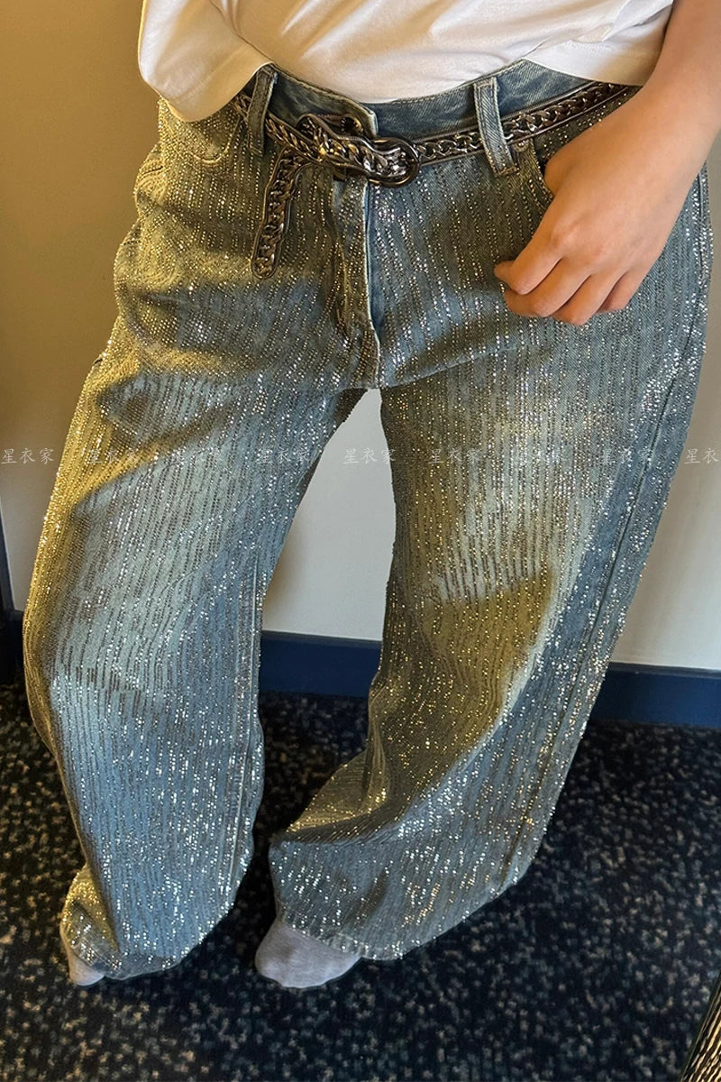 Gradient Rhinestone Wide Leg Pants for Men & Women | Sparkly Blinged-Out Polyester Trousers with Slimming Fit