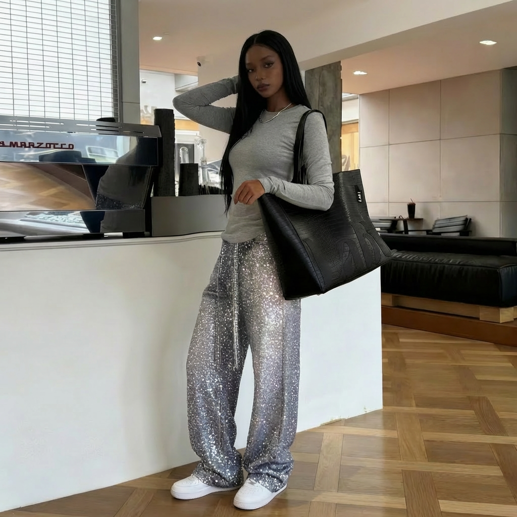 Primary Title: "Gradient Rhinestone Wide Leg Pants | Sparkly Ombre Trousers for Women & Men"