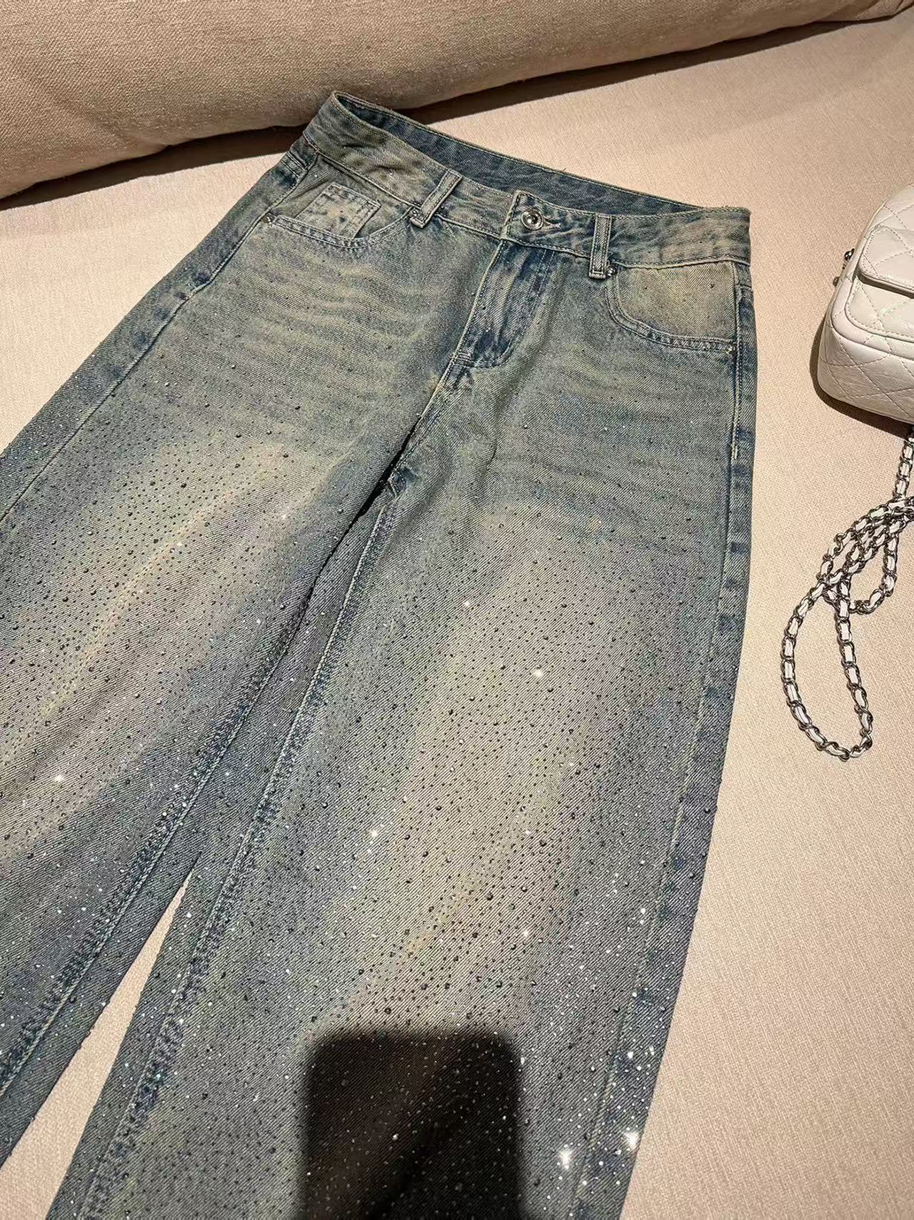 Rhinestone Application Loose Jeans Casual Soft Denim Pants Wide Leg Streetwear Trendy Bottoms Stylish Pocket