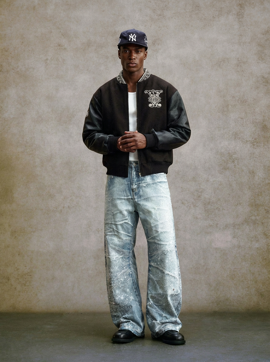 Elevate your street style sense with our premium curved rhinestone jeans.