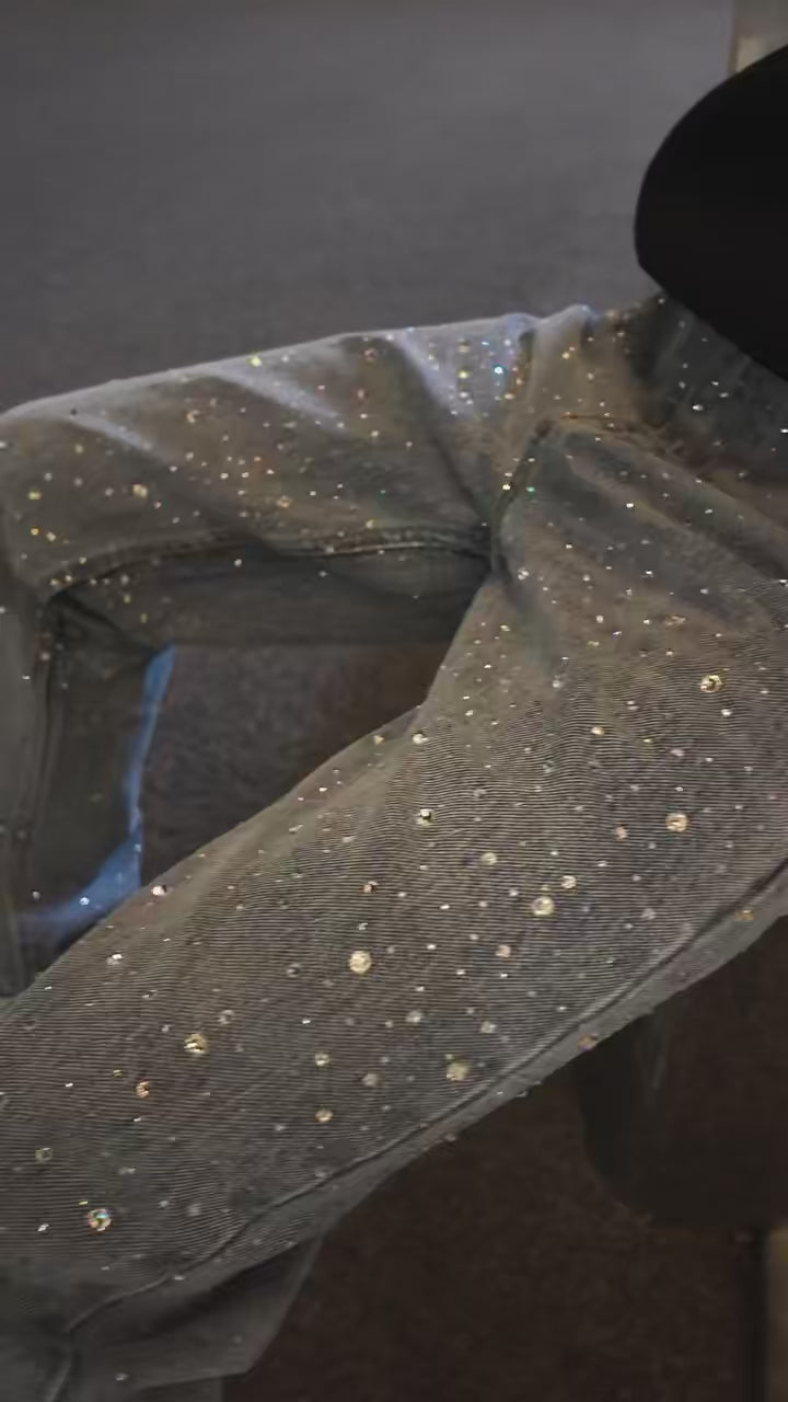 Rhinestone Application Loose Jeans Casual Soft Denim Pants Wide Leg Streetwear Trendy Bottoms Stylish Pocket